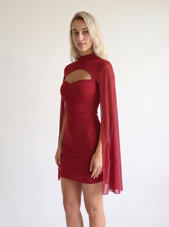 Coralie Marsollier | Glitter Cape Sleeve Cutout High Neck Bodycon Mini Dress