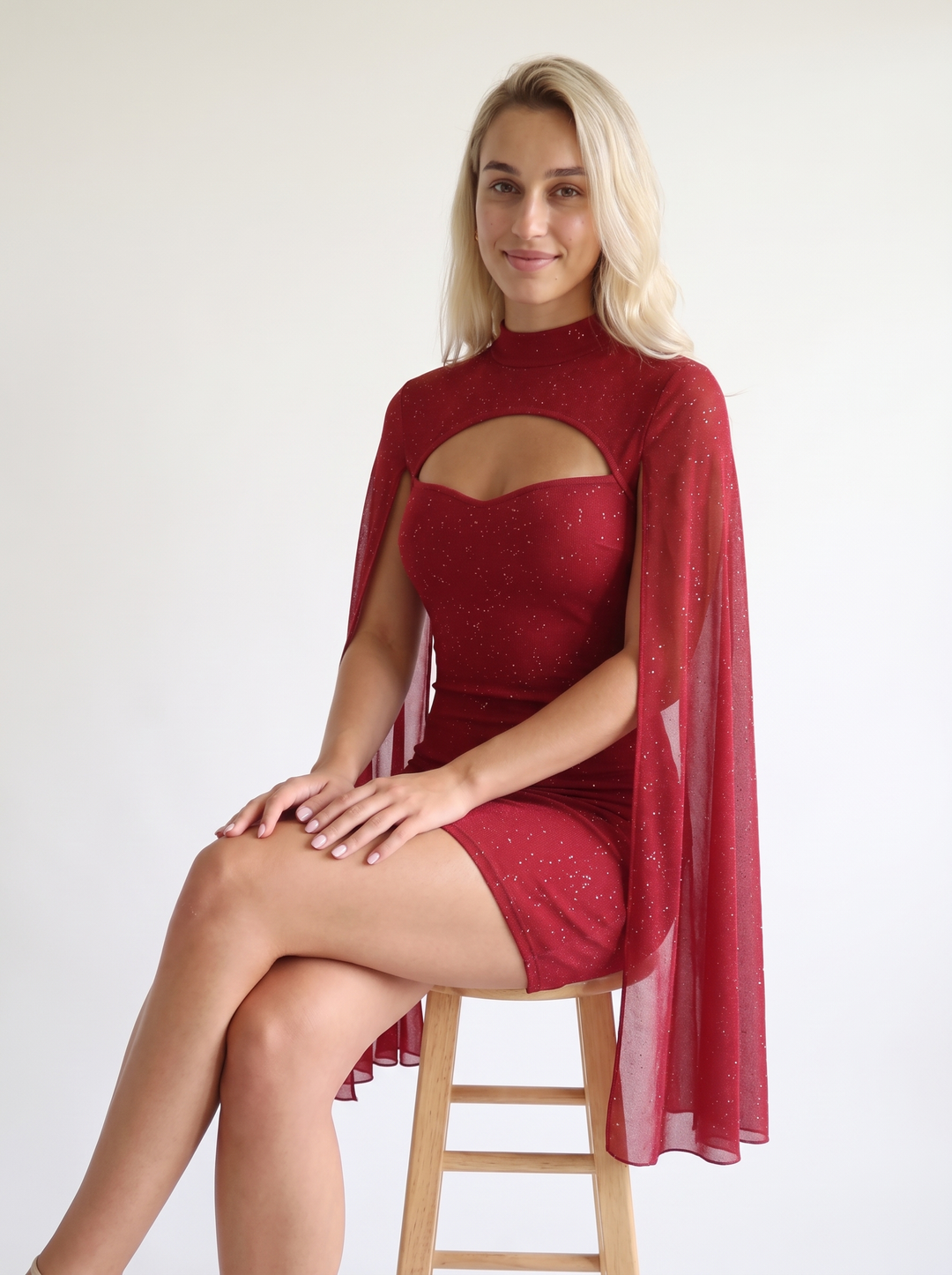 Coralie Marsollier | Glitter Cape Sleeve Cutout High Neck Bodycon Mini Dress