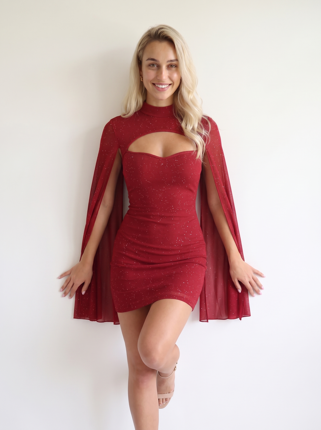 Coralie Marsollier | Glitter Cape Sleeve Cutout High Neck Bodycon Mini Dress