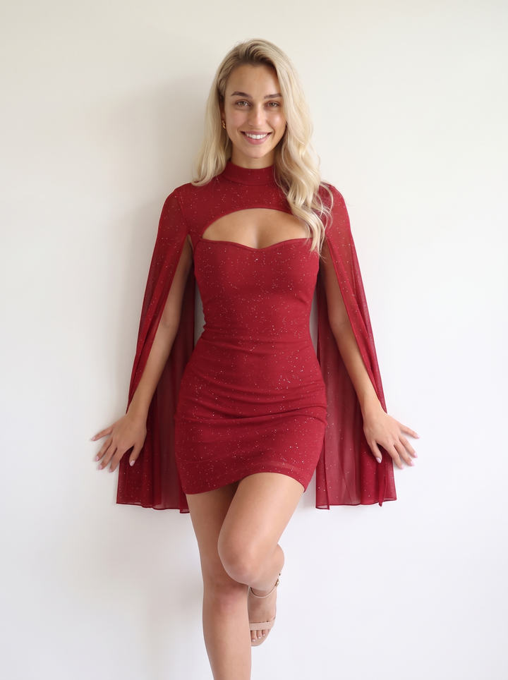 Coralie Marsollier | Glitter Cape Sleeve Cutout High Neck Bodycon Mini Dress