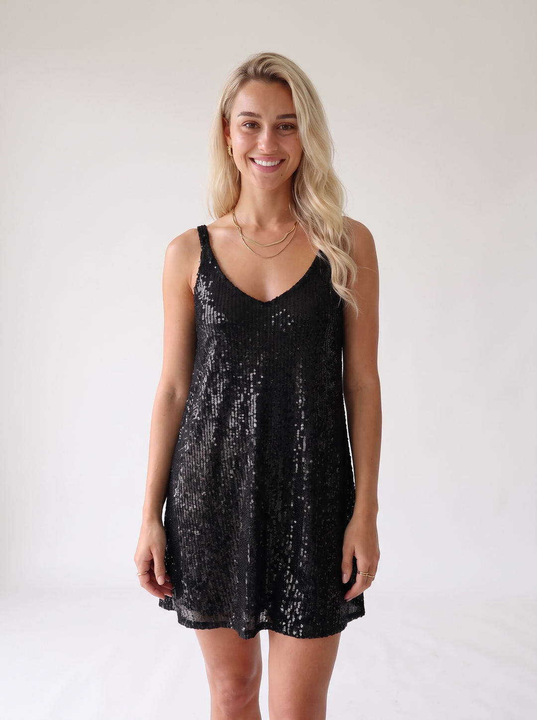 Tiphaine Bousquet | Sparkly Sequin V Neck Elastic Waist Flared Mini Dress