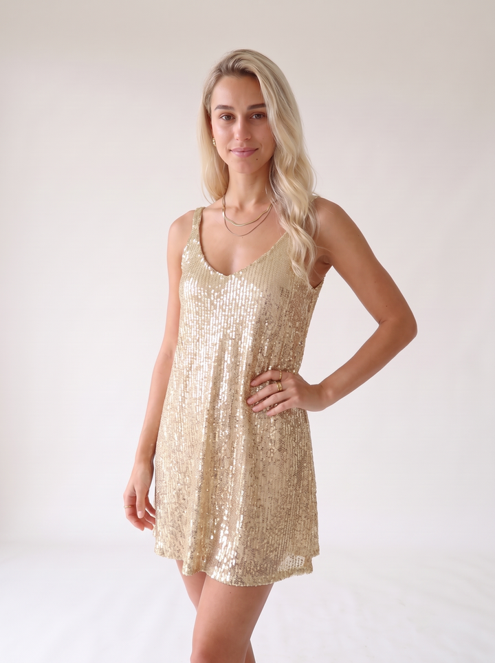 Tiphaine Bousquet | Sparkly Sequin V Neck Elastic Waist Flared Mini Dress