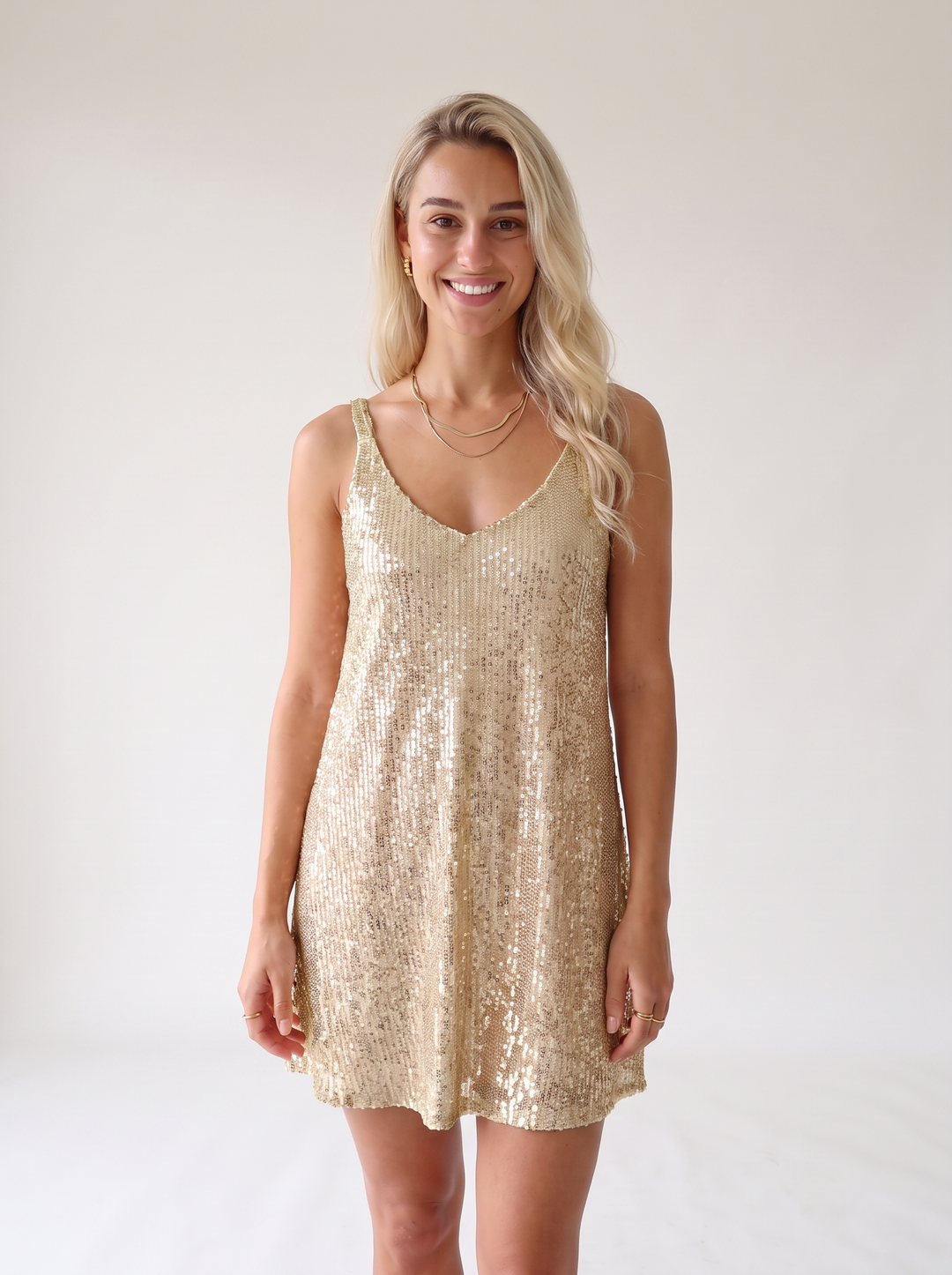 Tiphaine Bousquet | Sparkly Sequin V Neck Elastic Waist Flared Mini Dress