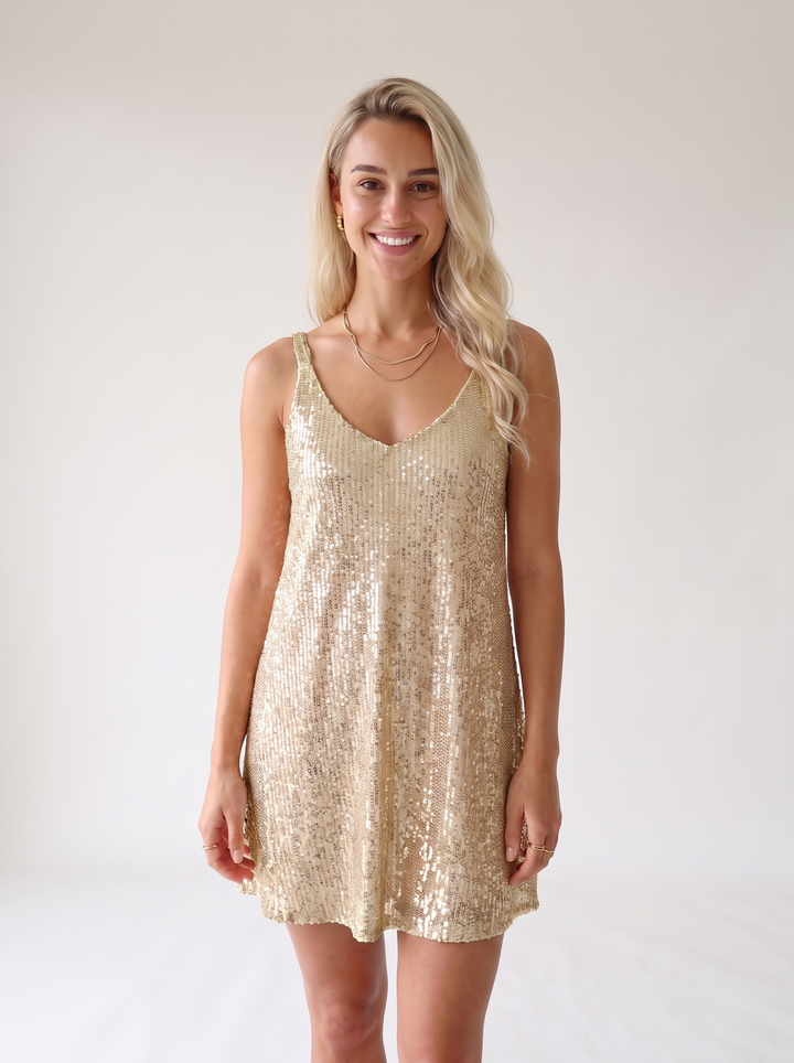 Tiphaine Bousquet | Sparkly Sequin V Neck Elastic Waist Flared Mini Dress