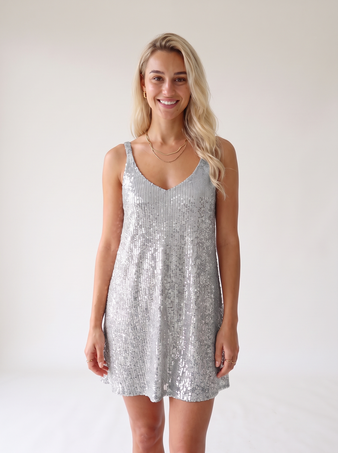 Tiphaine Bousquet | Sparkly Sequin V Neck Elastic Waist Flared Mini Dress