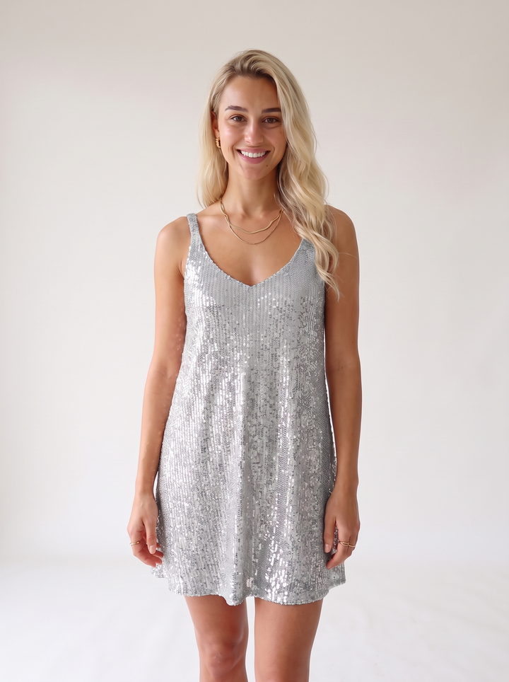 Tiphaine Bousquet | Sparkly Sequin V Neck Elastic Waist Flared Mini Dress