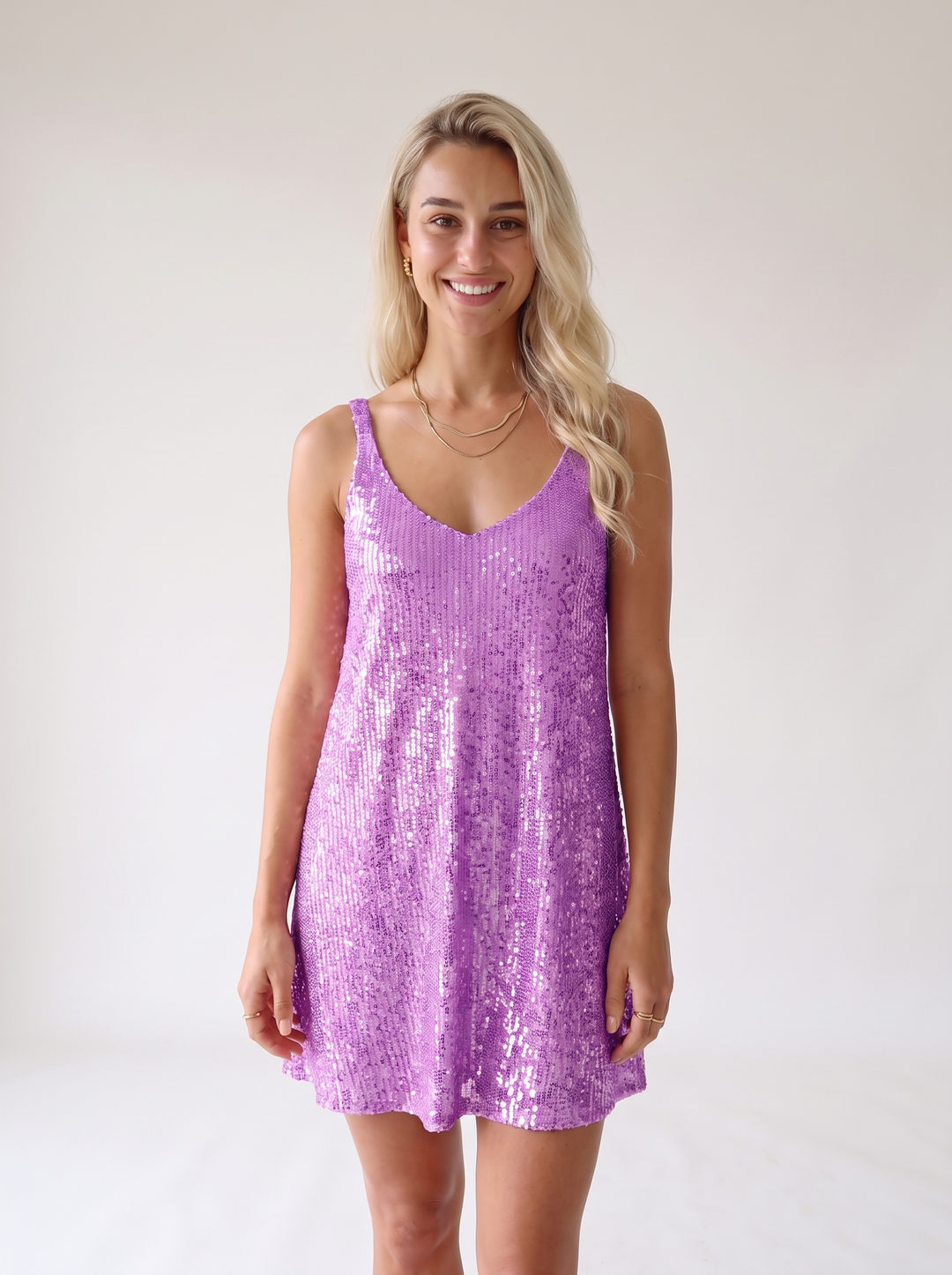 Tiphaine Bousquet | Sparkly Sequin V Neck Elastic Waist Flared Mini Dress