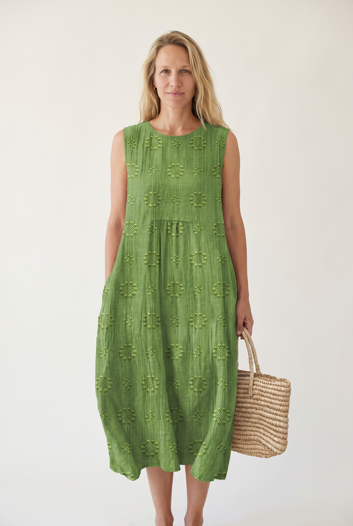 Marceline Auberon | Textured Embroidered Sleeveless Midi Dress