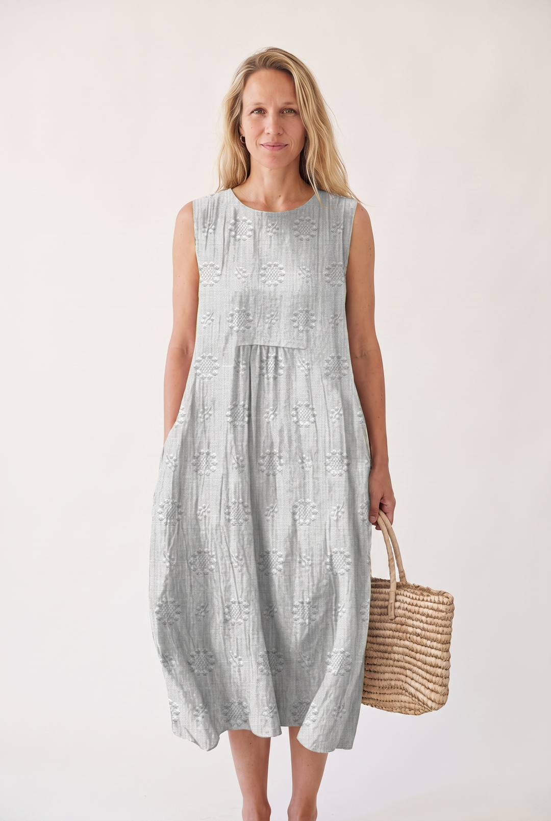 Marceline Auberon | Textured Embroidered Sleeveless Midi Dress