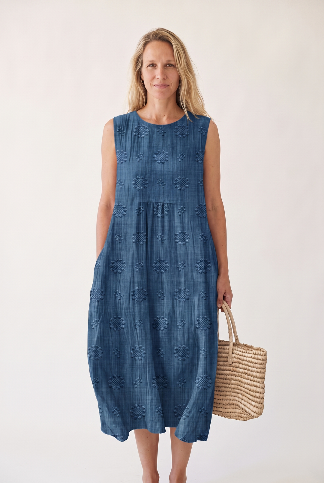 Marceline Auberon | Textured Embroidered Sleeveless Midi Dress