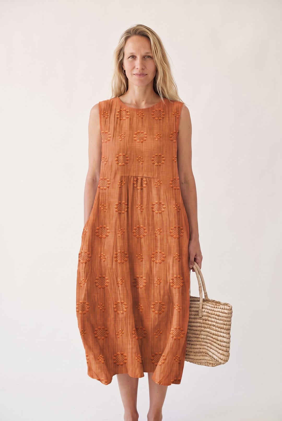 Marceline Auberon | Textured Embroidered Sleeveless Midi Dress