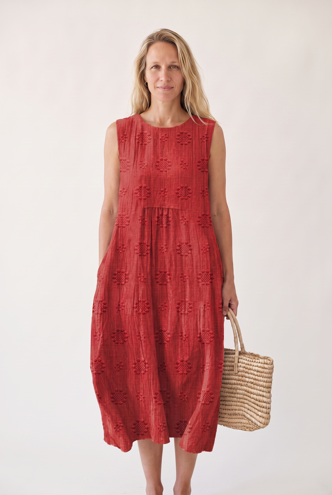 Marceline Auberon | Textured Embroidered Sleeveless Midi Dress