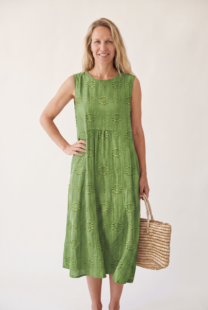 Marceline Auberon | Textured Embroidered Sleeveless Midi Dress