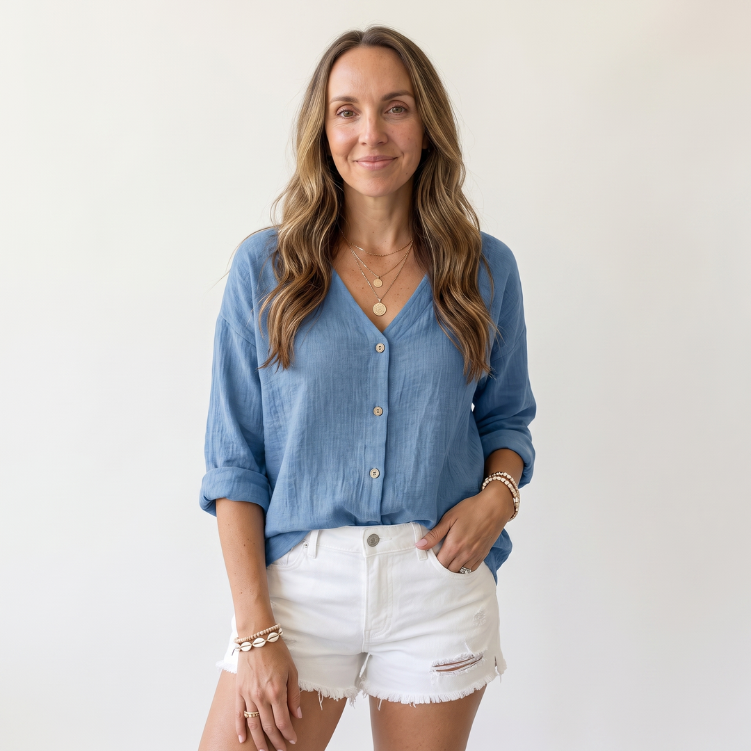 Solveig Marchand | Textured V-Neck Button-Up Blouse
