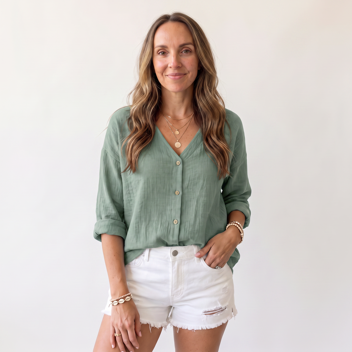 Solveig Marchand | Textured V-Neck Button-Up Blouse