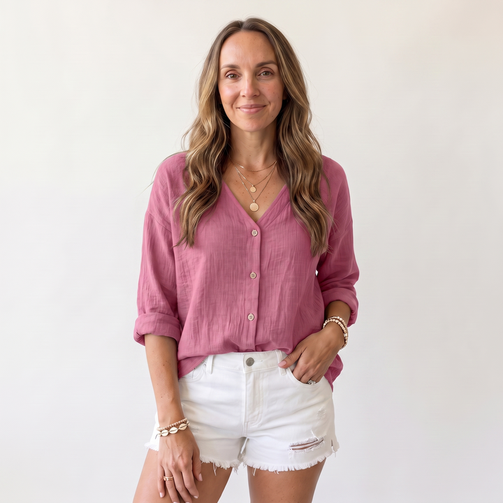 Solveig Marchand | Textured V-Neck Button-Up Blouse
