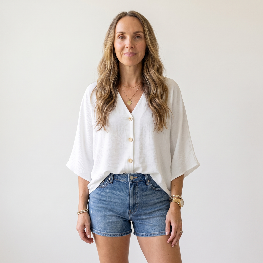 Maren Lavelle textured dolman sleeve V-neck button-up blouse in white, styled half-tucked with denim shorts
